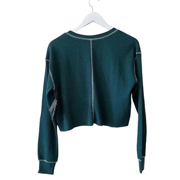 BP by Be Proud Women's Split Neck Thermal Cropped Top Green Moss Waffle SZ S - Picture 5 of 12